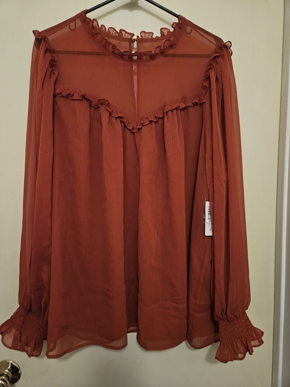 torrid Rust Orange Sheer Ruffle Yoke Blouse - Picture 4 of 8